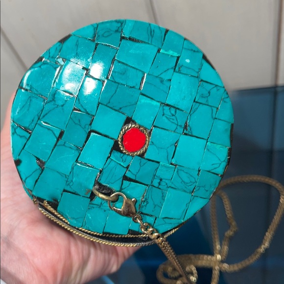 Antik Kraft Mosaic Turquoise Accented Clutch Shoulder Crossbody Chain Strap Bag - Picture 4 of 9